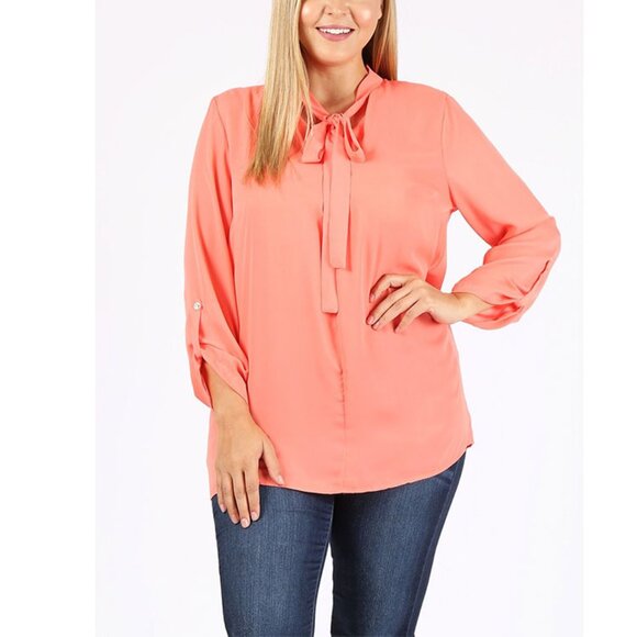 NEW Wool Dobby Plus-size women blouse - V-neck line with tie women top Coral - Picture 1 of 3